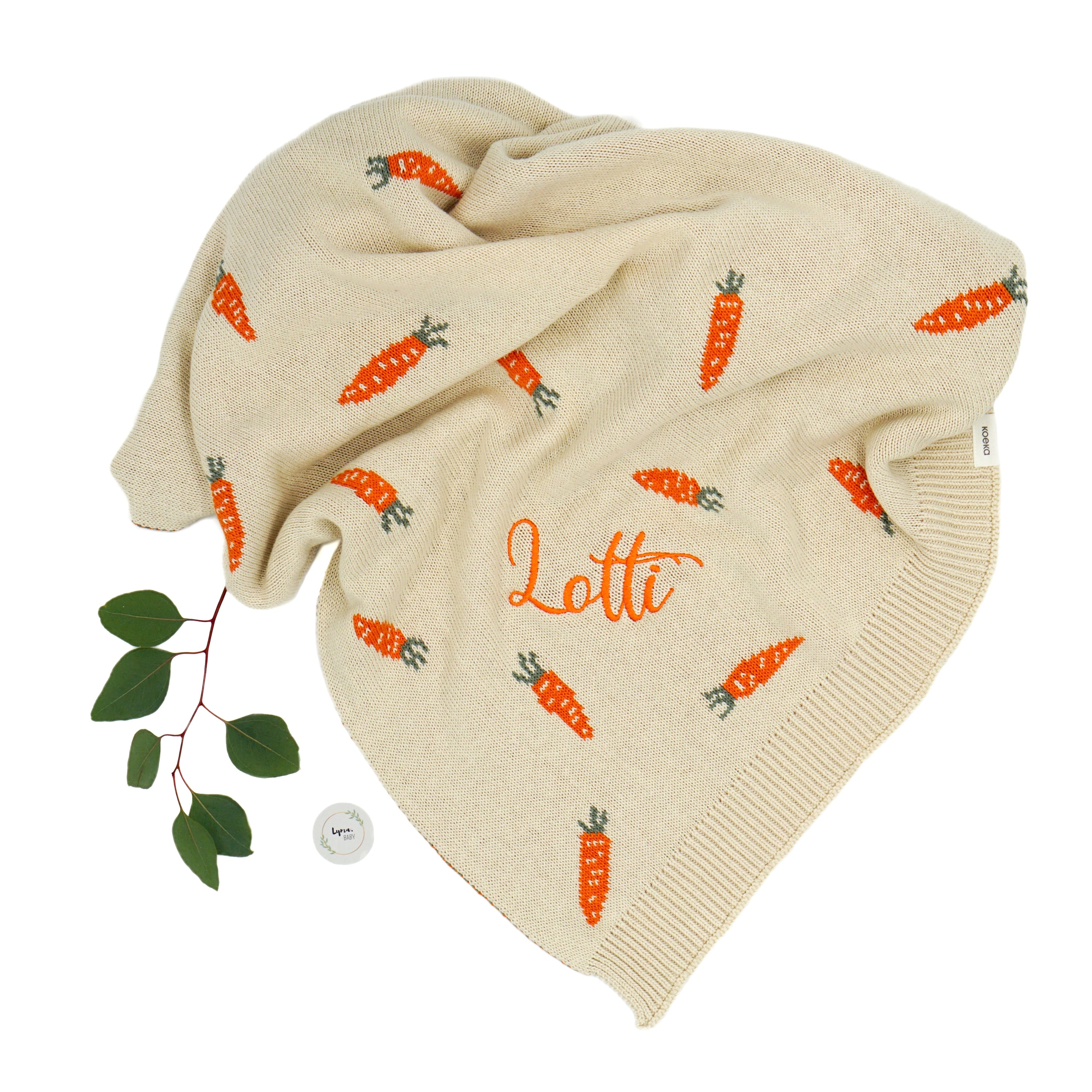 Babydecke gestrickt mit Karotten "I carrot a lot milky" 75x90 cm, 100x140 cm I Koeka