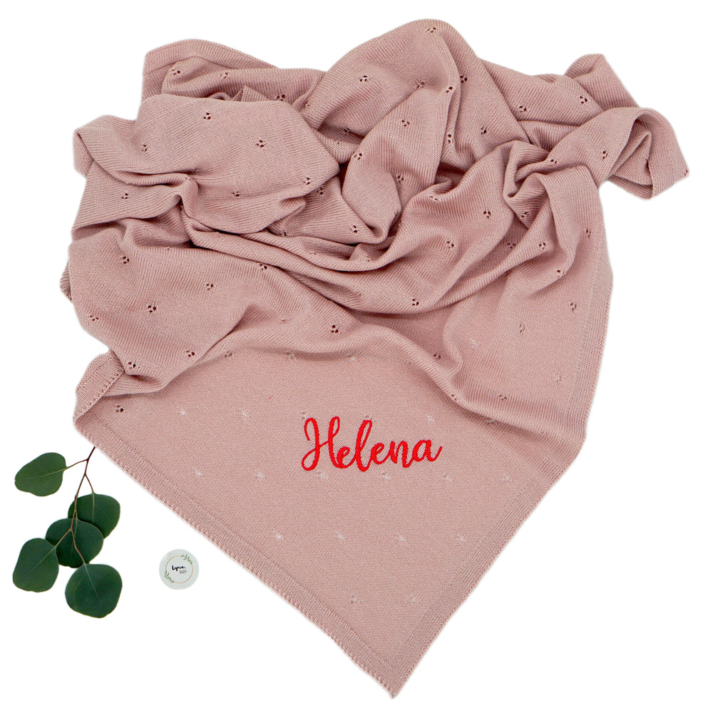 Babydecke aus 100% Merinowolle mit Namen bestickt "Apollo - Rosa" 75x100 cm I Ander